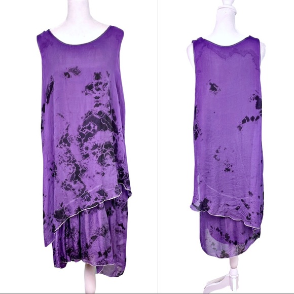 Luna Luz Dresses & Skirts - LUNA LUZ Purple sleeveless Silk Tie Dye Batik Midi Bias Double Tier Dress XL